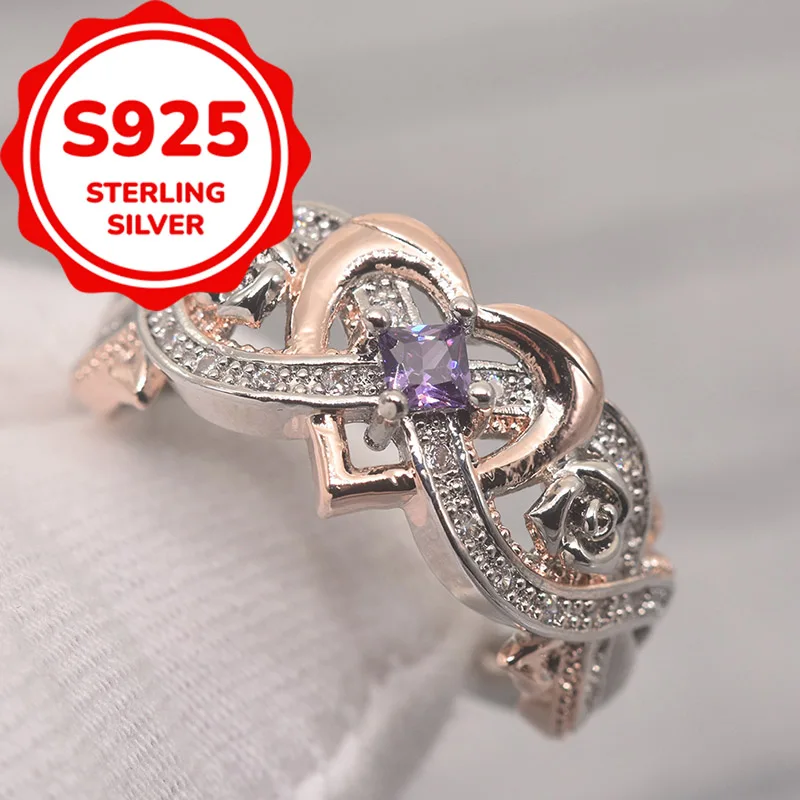 925 sterling silver sweet temperament luxury rose love synthetic zircon ring everyday Joker ring