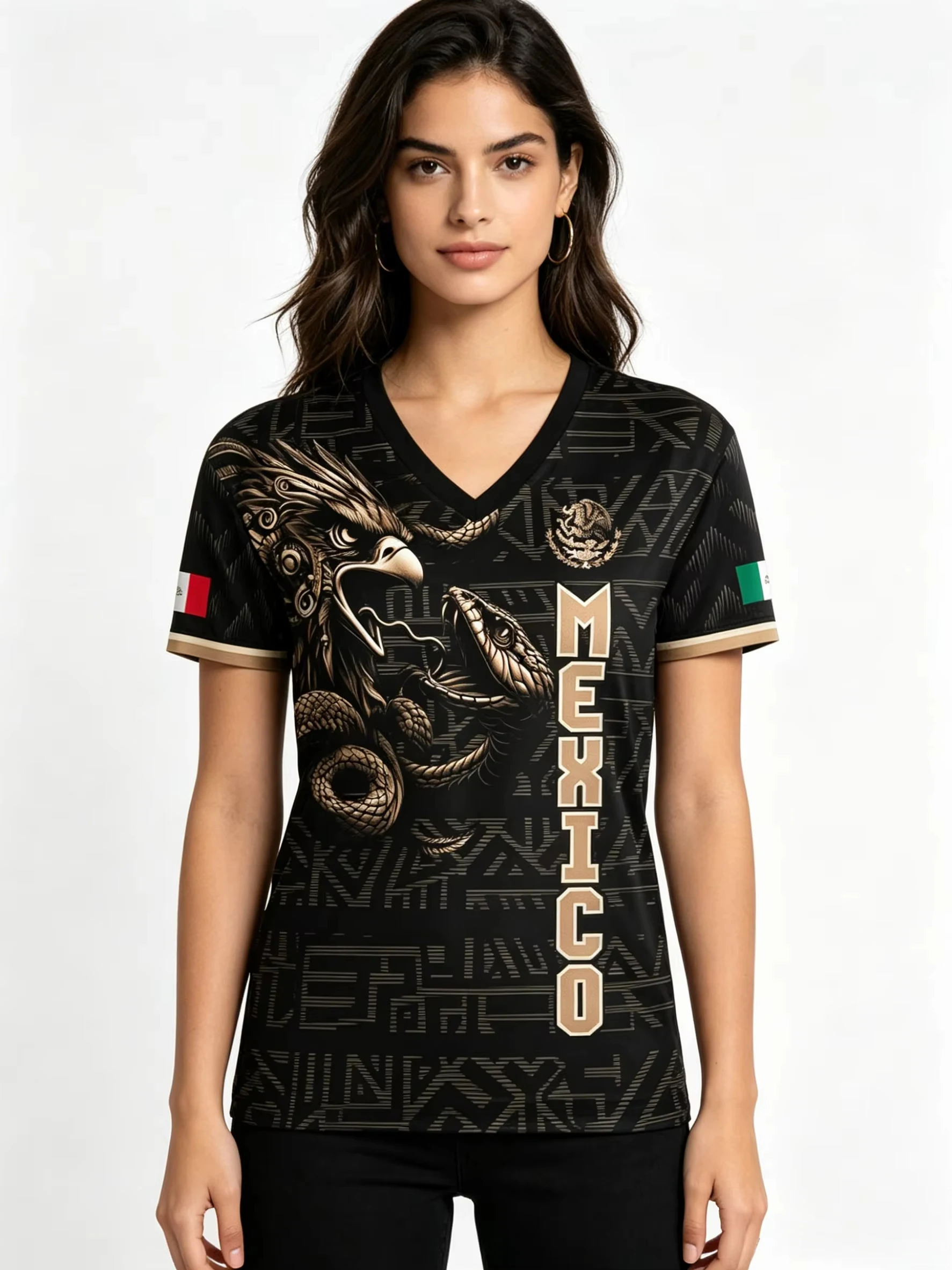 2026 Mexico National Flag 3D Eagle Print Women's T-Shirt Summer Short Sleeve V-neck Tees Casual Clothes Sports Unisex Tops view 5