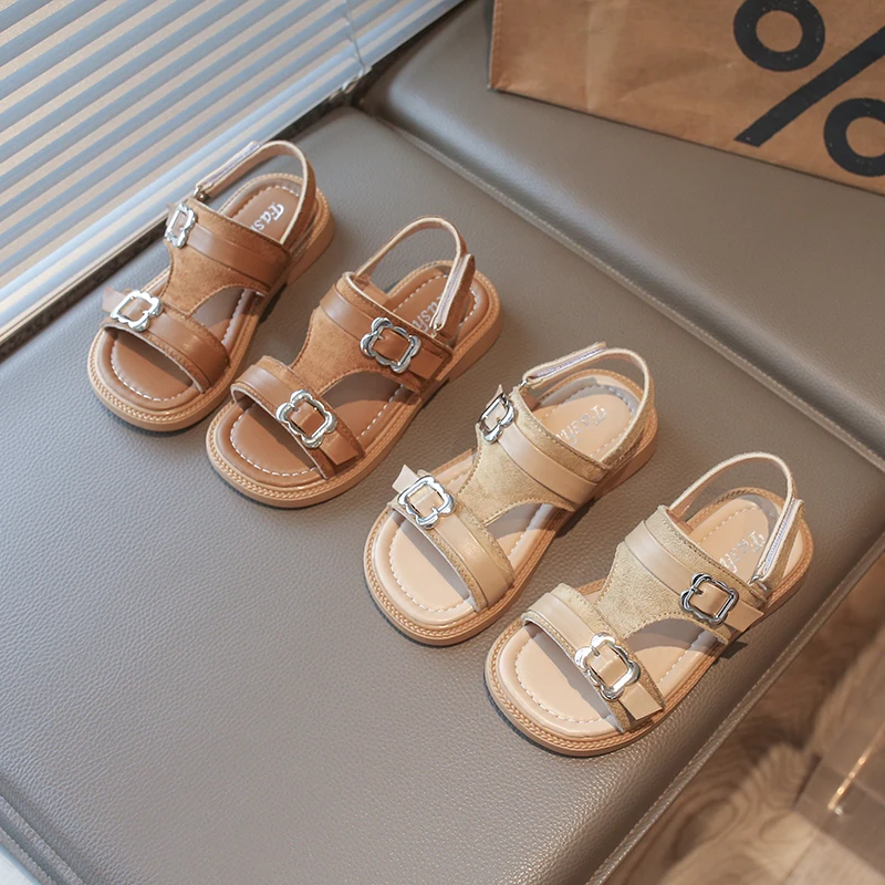 Girls Retro Double Buckle Flat Sandals Kids Suede & Leather Patchwork Open Toe Summer Shoes Casual Non-slip Sandals Toddler Kid