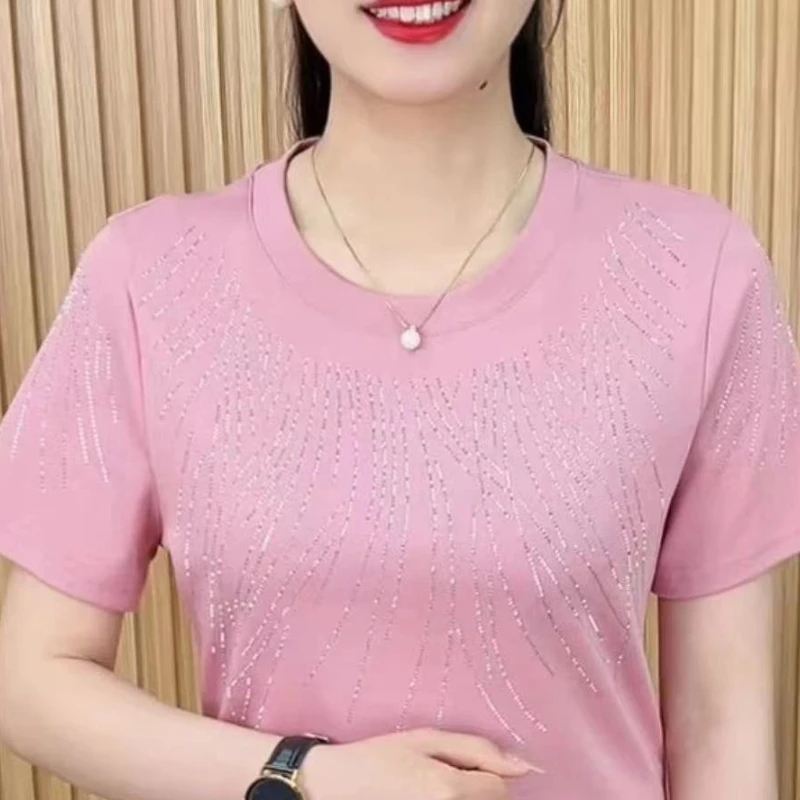 2024 New Summer Korean Edition Minimalist Fashion Casual Loose Short Sleeve Round Neck Printed Diamonds Women\'s T-shirt Top