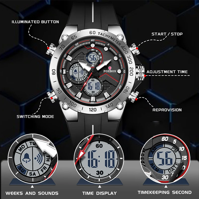 LIGE جديد ساعات رجالي FOXBOX العلامة التجارية الفاخرة الرجال كوارتز ساعات المعصم موضة رياضية مقاوم للماء التناظرية ساعة رقمية للرجال