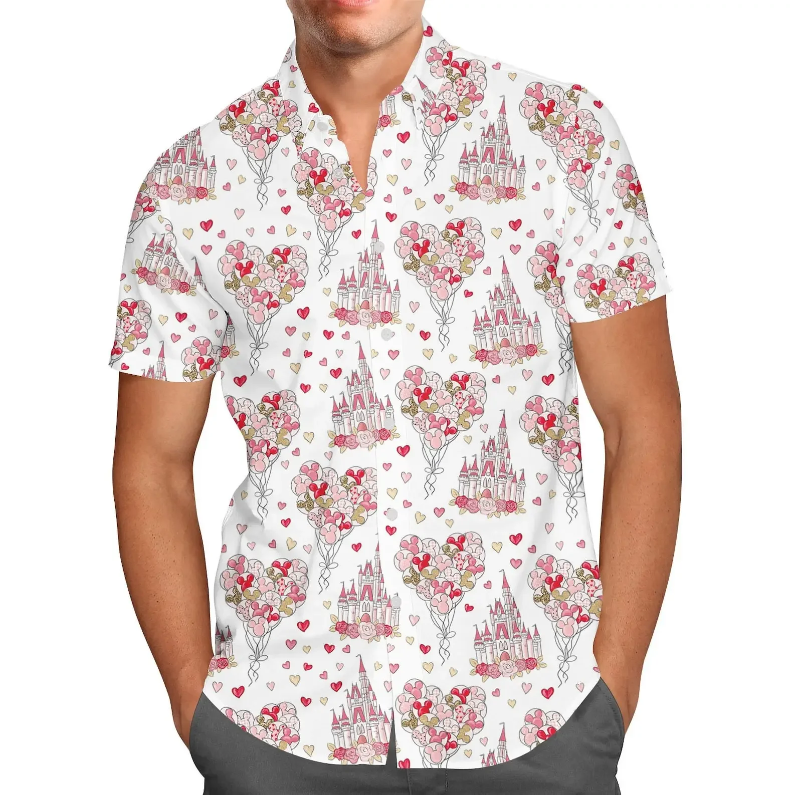 Valentine Disney Castle Hawaiian Shirt Men's Button Down Short-Sleeved Shirt Fashion Disney Short Sleeve Hawaiian Beach Shirt