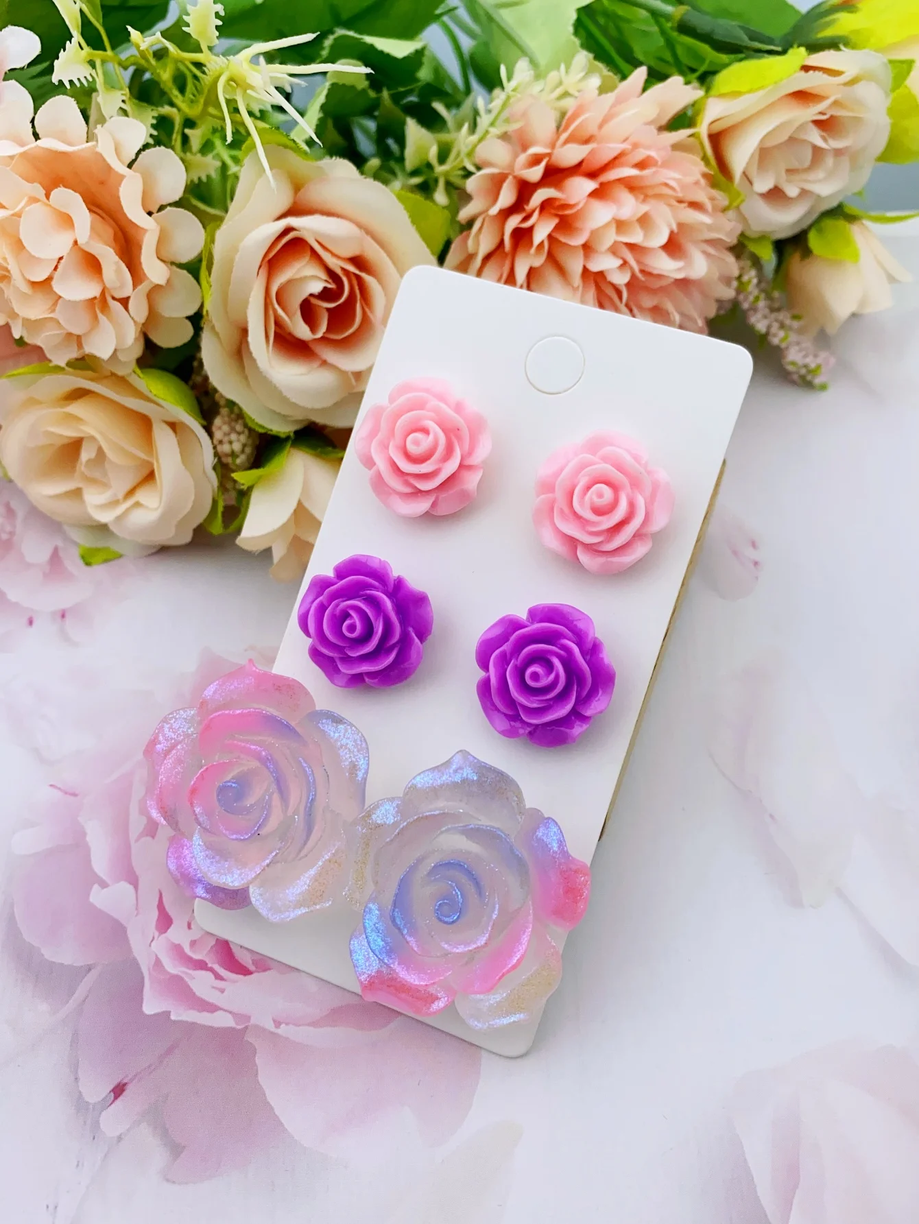 3 pairs Fashionable Acrylic Resin Rose Flower Earrings for Women\'s Everyday Style