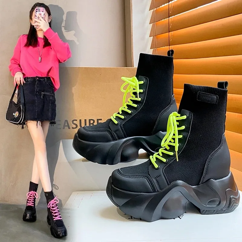 Spring Women Thick Sole Ankle Boots Autumn Luxury Platform Casual Boots Women\'s 7cm High Heels Wedge Boots Shoes Woman Sneakers