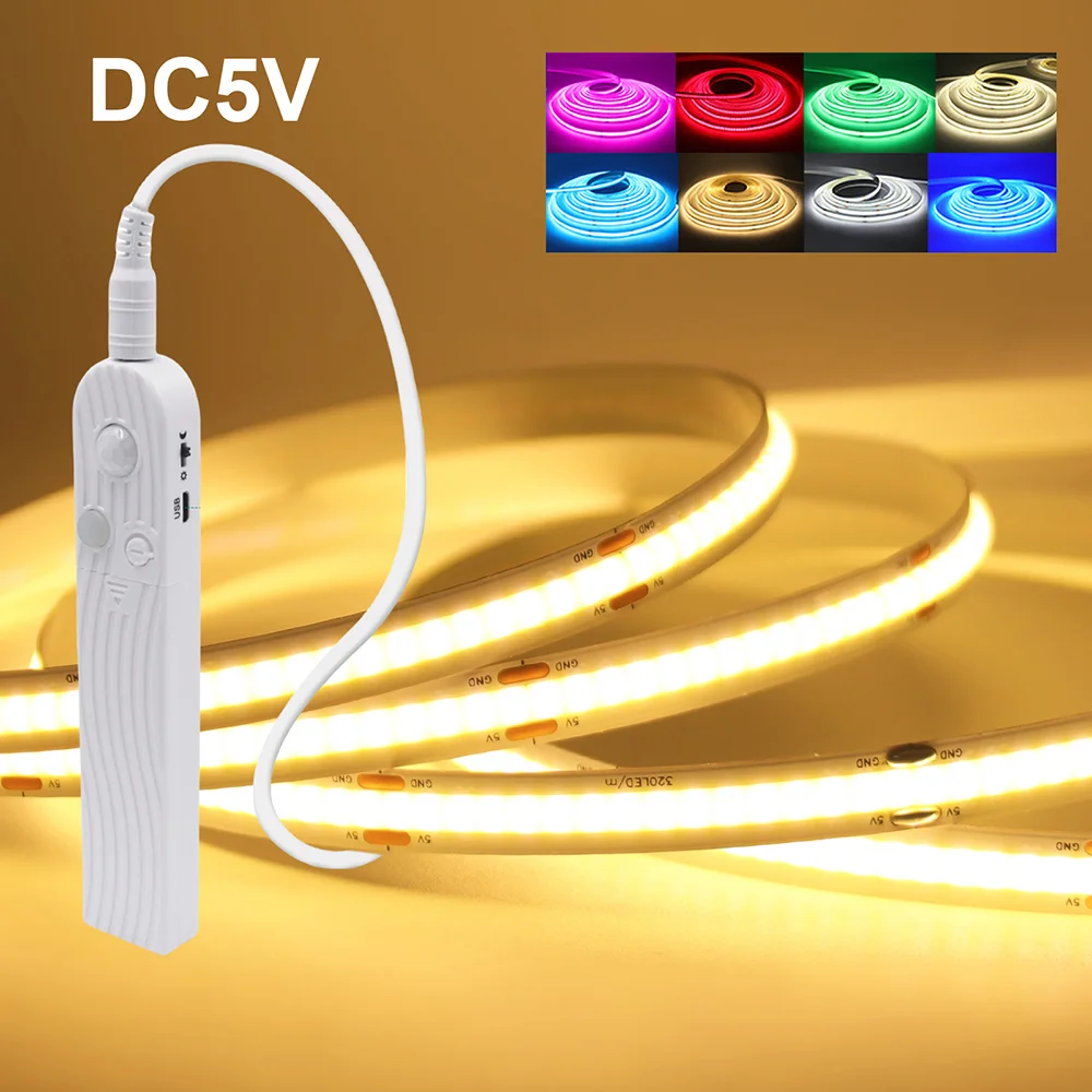 Czujnik ruchu COB Led Strip Light 5V Lampa indukcyjna DC Zasilana bateryjnie 320LEDs/m Elastyczna taśma Ciepły Biały Niebieski Czerwony Różowy RA90