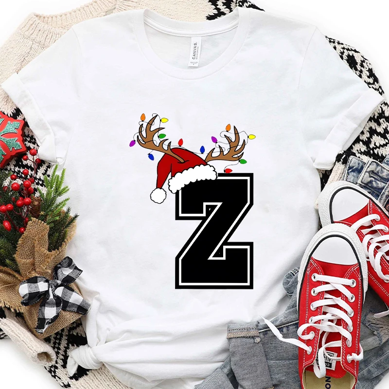 Casual Women’s T-shirt with A-Z Christmas Alphabet Print, Santa Holiday Graphic, Perfect for Xmas Party Parties and Casual Wear