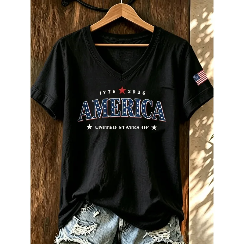 ilstile Women's America 1776-2026 Print T-Shirts Summer Short Sleeve Casual Loose V Neck Tops White Tees HOT
