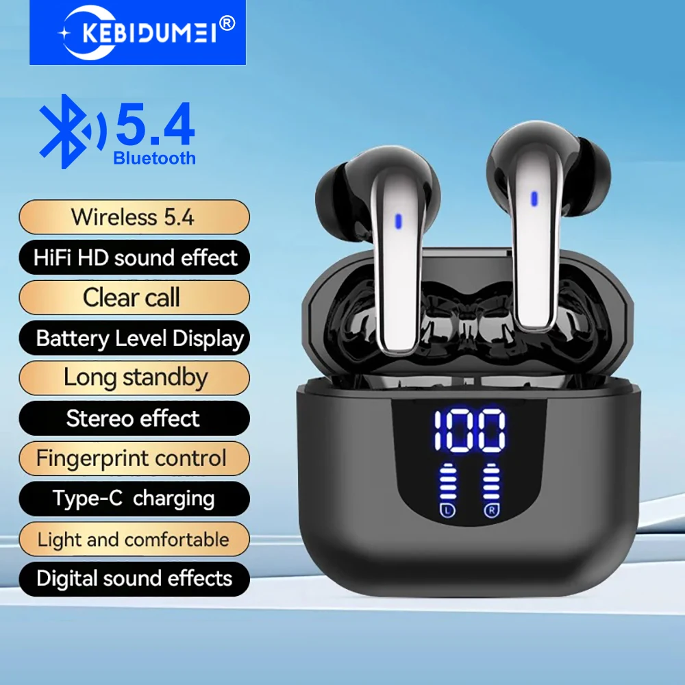 KEBIDUMEI Bluetooth 5.4 Earphones Wireless Headphones HiFi Stereo Noise Reduction In-ear Earbuds Digital Display Gaming Headsets