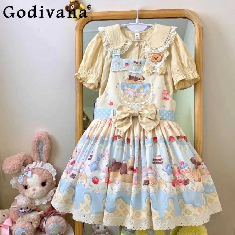 

Japanese Sweet Girls Lolita Strap Dress Summer New Lori Lo Kawaii Mini Dress Daughter's Daily Milk Shake Strawberry Print Dress