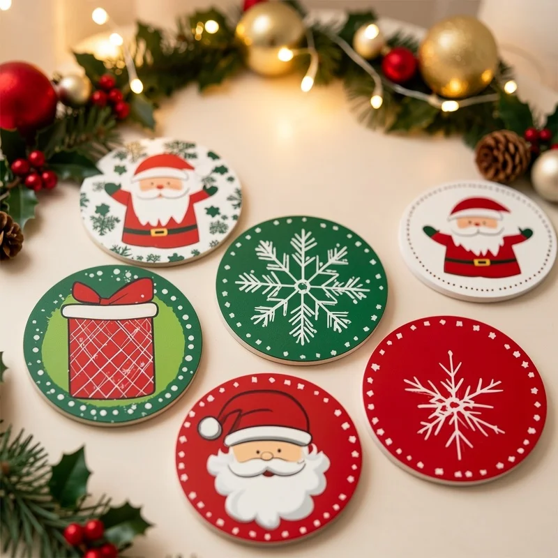 12/6 Pieces of Randomly Assorted Christmas-Themed Simple Drawings of Santa Claus, Gift Items, and Snowflakes in 2D Flat Thickened Wooden Round Coasters, Adding to the Festive Atmosphere and Practical Holiday Decoration
