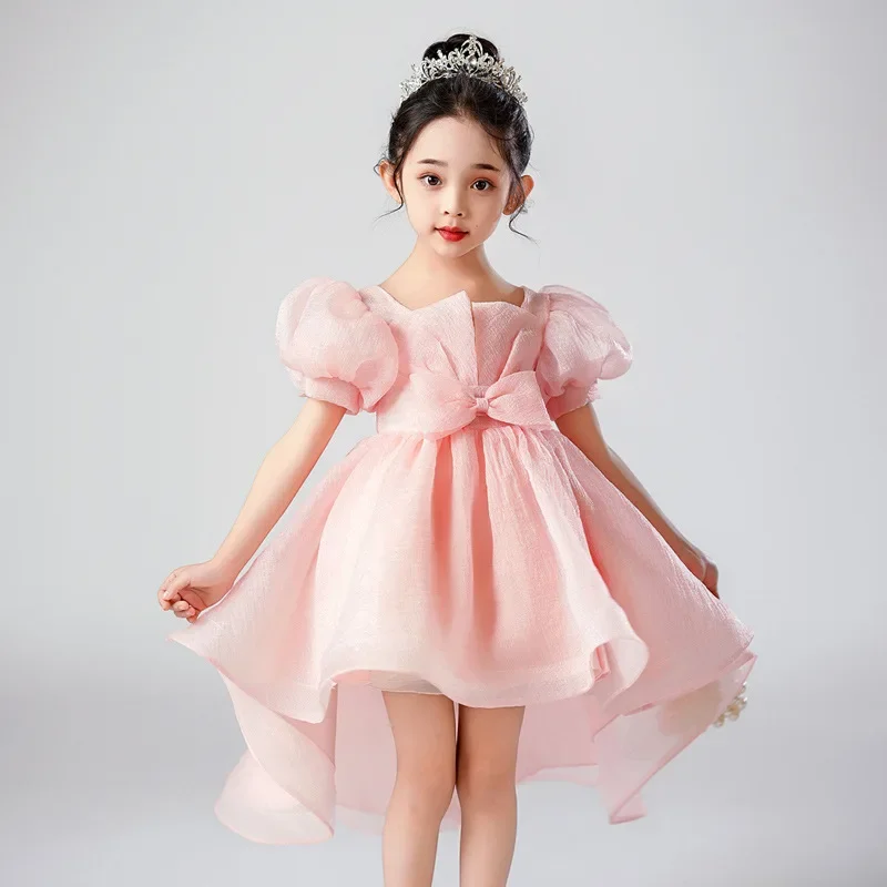 

Новое летнее детское платье для выступлений в детском саду, сетчатое платье с бантом и объемными рукавами, модное платье с объемными рукавами и хвостом