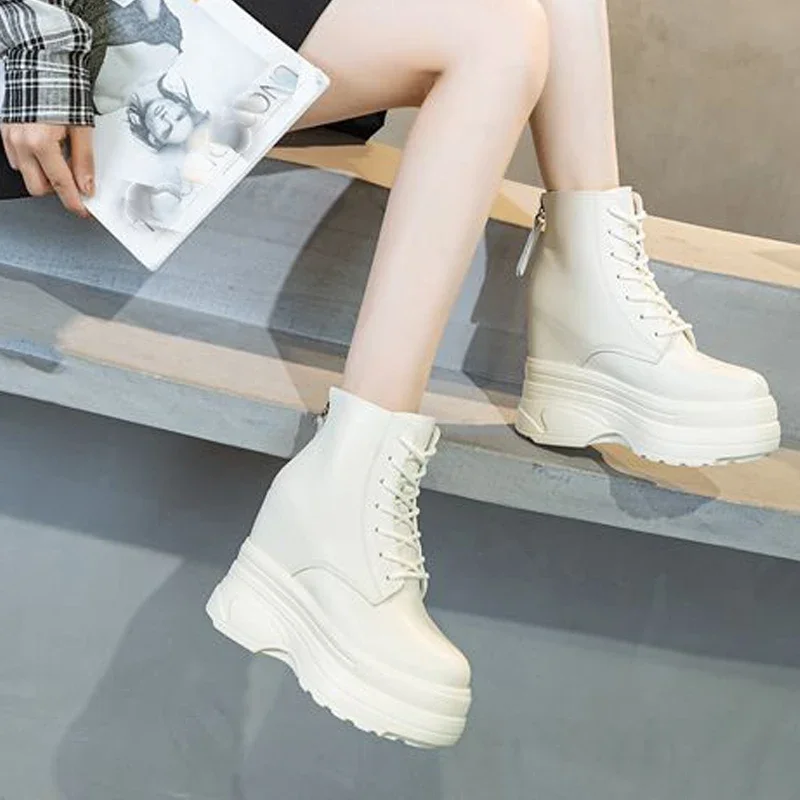 Fujin 11cm Microfiber Leather Durable Ankle Boots Wedge Spring Women Motorcycle Autumn Cushioned Platform Shoes