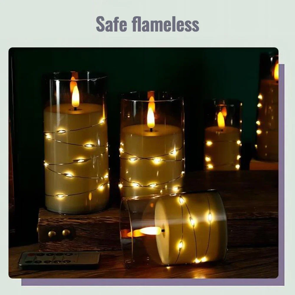 3 Pack Flameless Candles Battery Operated Flickering With Remote Timer, LED Battery Candles Embedded Fairy String Lights