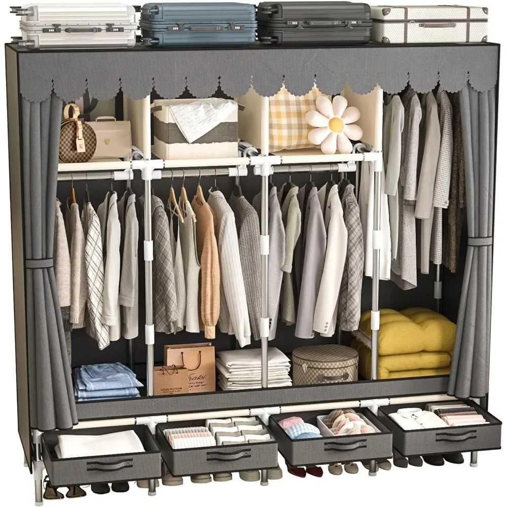 

Large portable wardrobe with 4 rails and drawers, grey metal storage wardrobe hanger with dust cover for hanging clothes