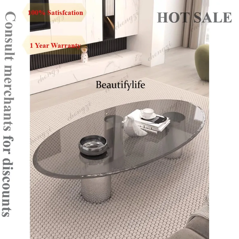 Living room household Italian light luxury suspended coffee table modern small apartment oval tempered glass