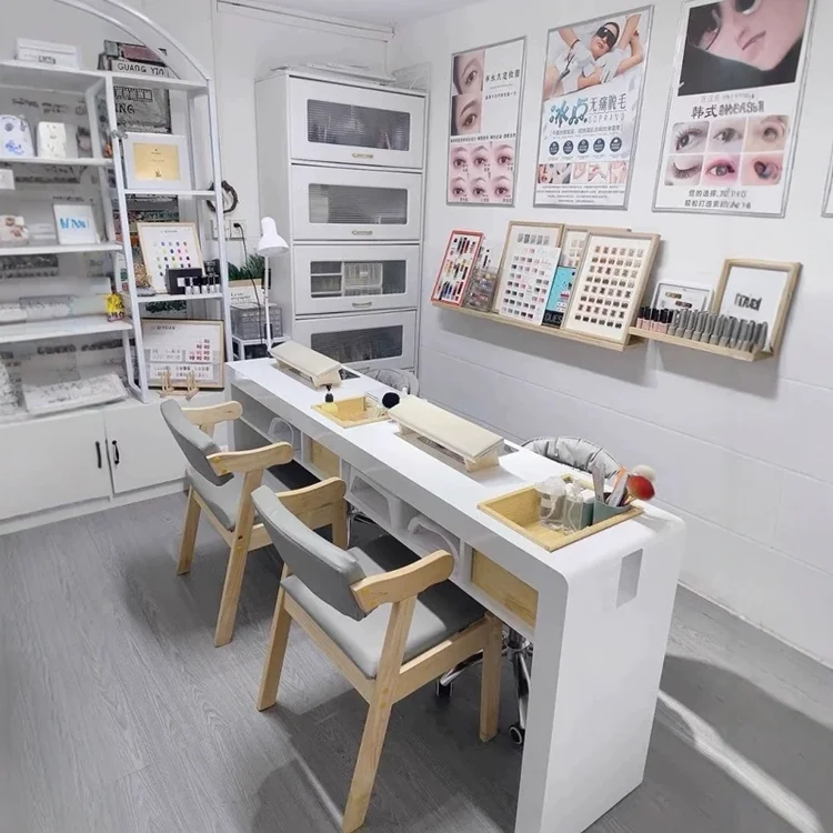 Vendita calda Mobili da scrivania per salone di bellezza Tavolo per unghie con piano in marmo Tavolo per manicure moderno a doppio posto per salone di bellezza