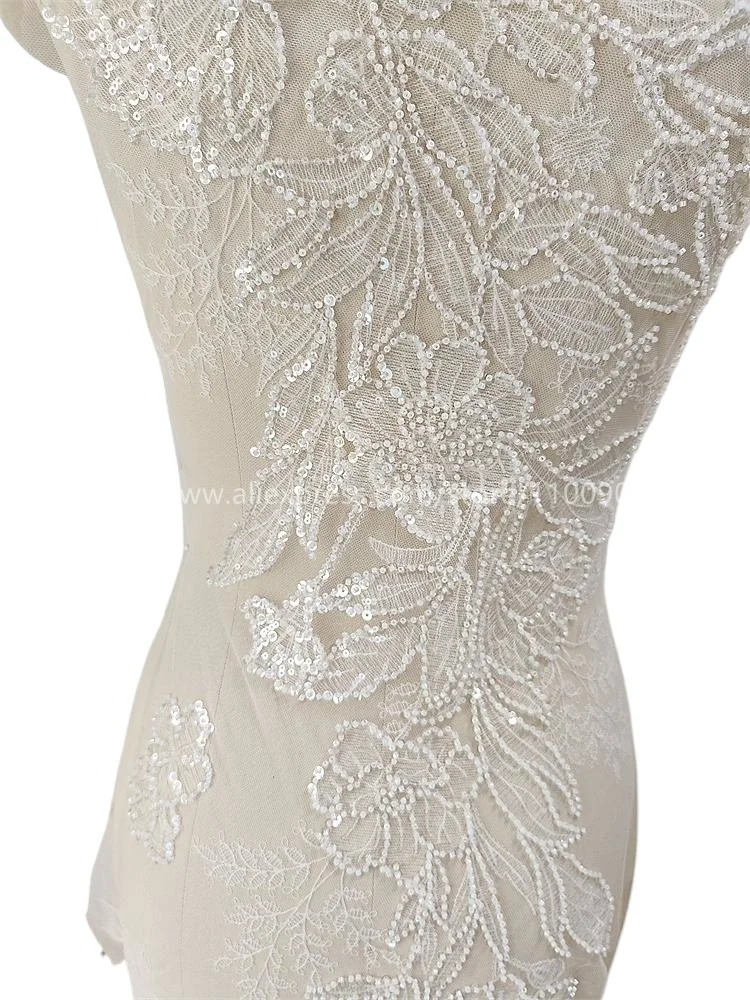 Fish Silk Thread Beaded Sequin Lace Flower Patch,DIY Wedding Dresses, Front Chest and Back Lace Applique,Premium Products, 81x3