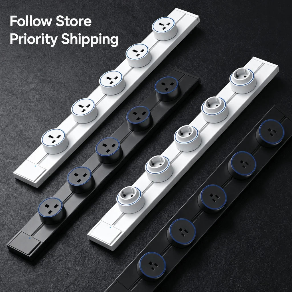 White Slidable Power Rail Track Socket Movable Power Strip for Home Kitchen Surface Mount Compatible with EU FR UK US Italy