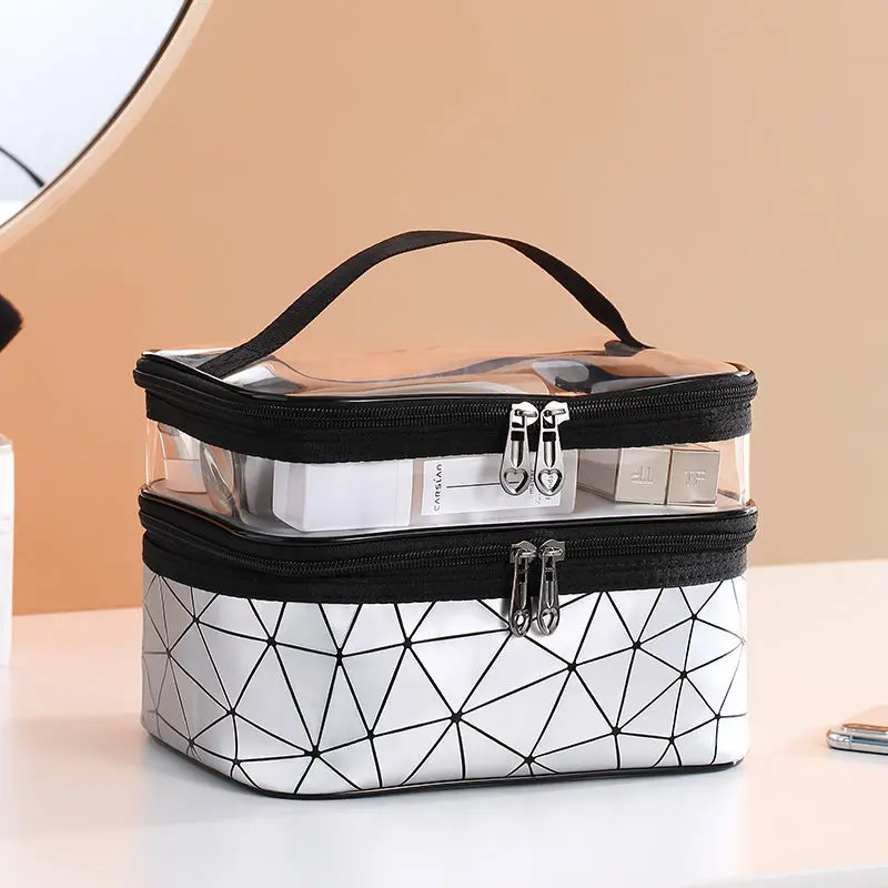 Double-layer Cosmetic Bag for Women Travel Portable Makeup Organizer Wash Case Big Capacity Multi-functional PU PVC Lattice New