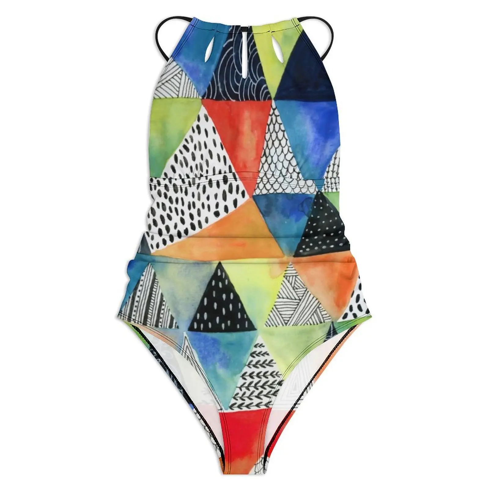 Abstract Geometry Swimsuit Sexy Doodled Print Women Swimwear One Piece Fashion Bodysuit Holiday Rave Push Up Halter Bathing Suit