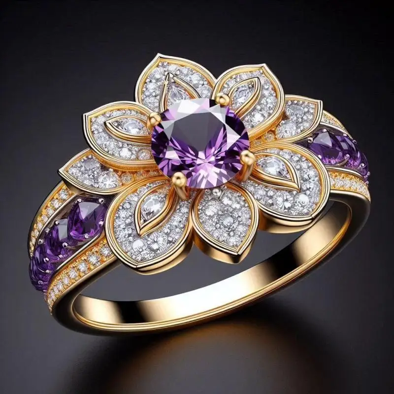 Wunderschöner eingelegter weiß-lila CZ-Blumen-Damenring, eleganter goldfarbener geometrischer Partyschmuck, Jubiläumsgeschenk