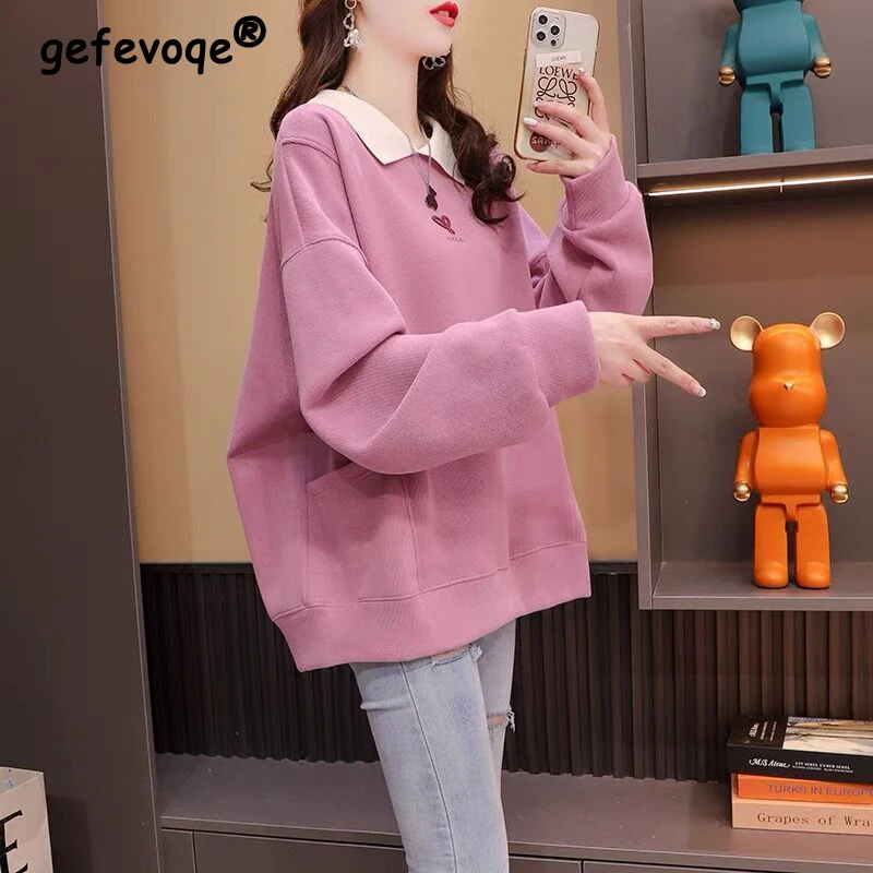 Pulôver feminino de manga comprida com gola polo, moletons com cores contrastantes, tops casuais, streetwear da moda, Y2K, outono
