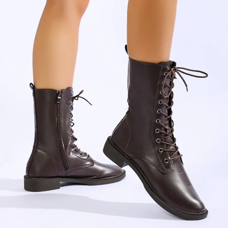 Botas Elegantes para Mujer con Tacón Bajo, Calzado Estilo Biker, Botines de Media Pantorrilla, Botas Góticas Negras de Media Altura para Trabajo