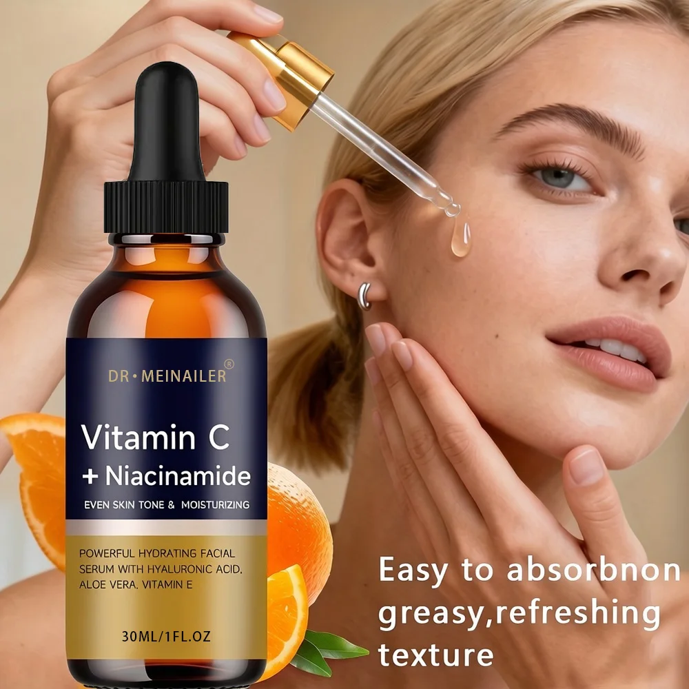 1/2 unidade de uma essência facial contendo ácido hialurônico, vitamina C e niacinamida, que pode uniformizar o tom da pele.