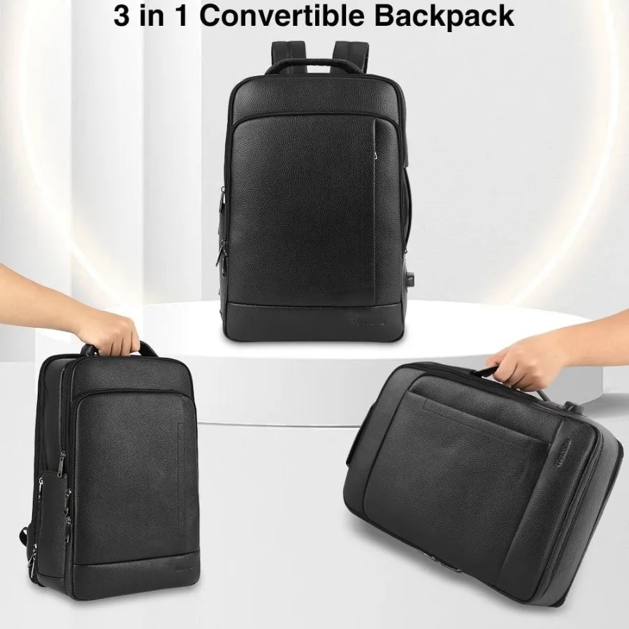 Full Grain Genuine Leather Backpack for Men Multi-Functional 15.6" Laptop Backpack with USB Charging Black Convertible Business