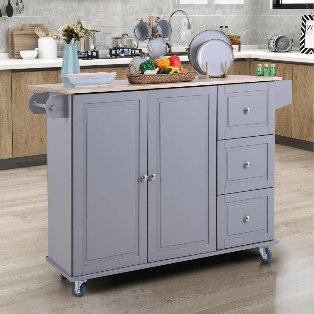 

Kitchen Island on Wheels, Portable Rolling Kitchen Cart Storage Cabinet with Drop Leaf,Spice Rack, Towel Rack & Drawers-Grey