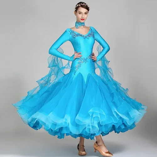 Imagen 2 del producto Ropa de baile moderna estándar de competición para mujer, trajes de escenario de vals de manga larga, vestido de baile de salón