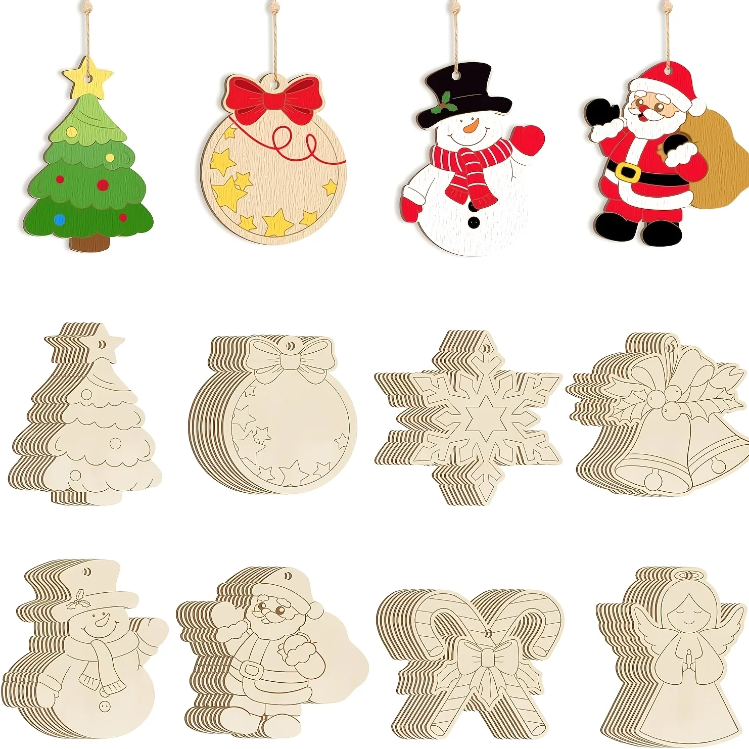60PCS Wooden Christmas Ornament, 30 Wood Slices with Strings, 8 Styles DIY Blank Cutout, Winter Craft Hanging Decor