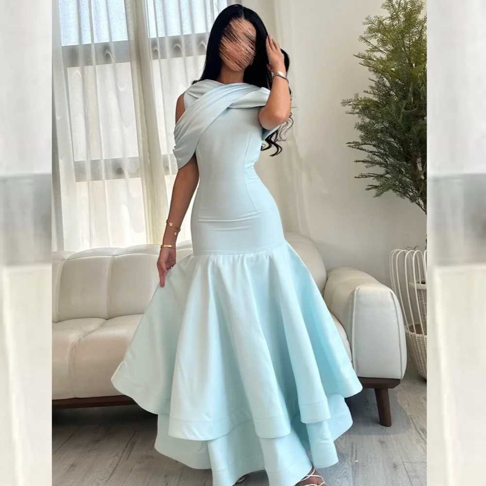 Customized Evening Saudi Arabia Jersey Draped Tiered Criss-Cross Cocktail Party Mermaid High Collar Bespoke Occasion Gown