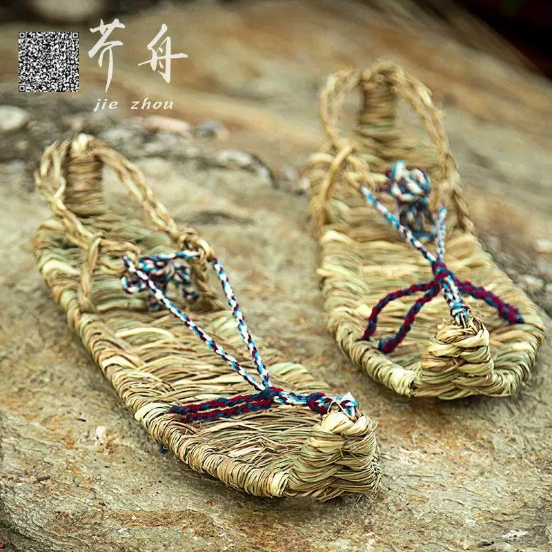 Hand-woven straw shoes men's and women's summer lace-up retro casual sandals natural characteristics traditional waterproof