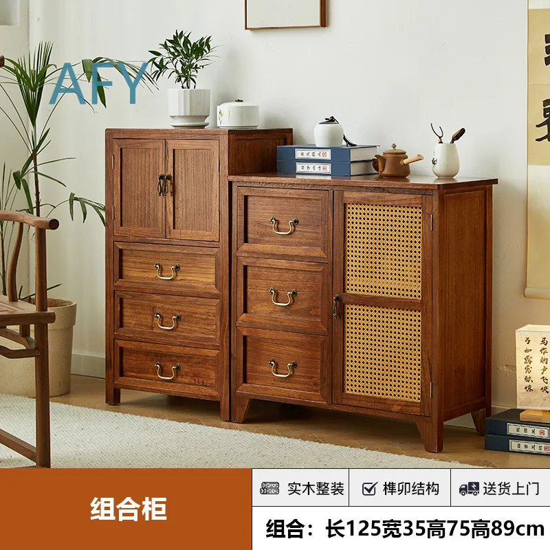 New Chinese Style Sideboard Cabinet for Living Room Dining Room Bedroom Tea Cabinet Storage Cabinet with Woven Rattan Design