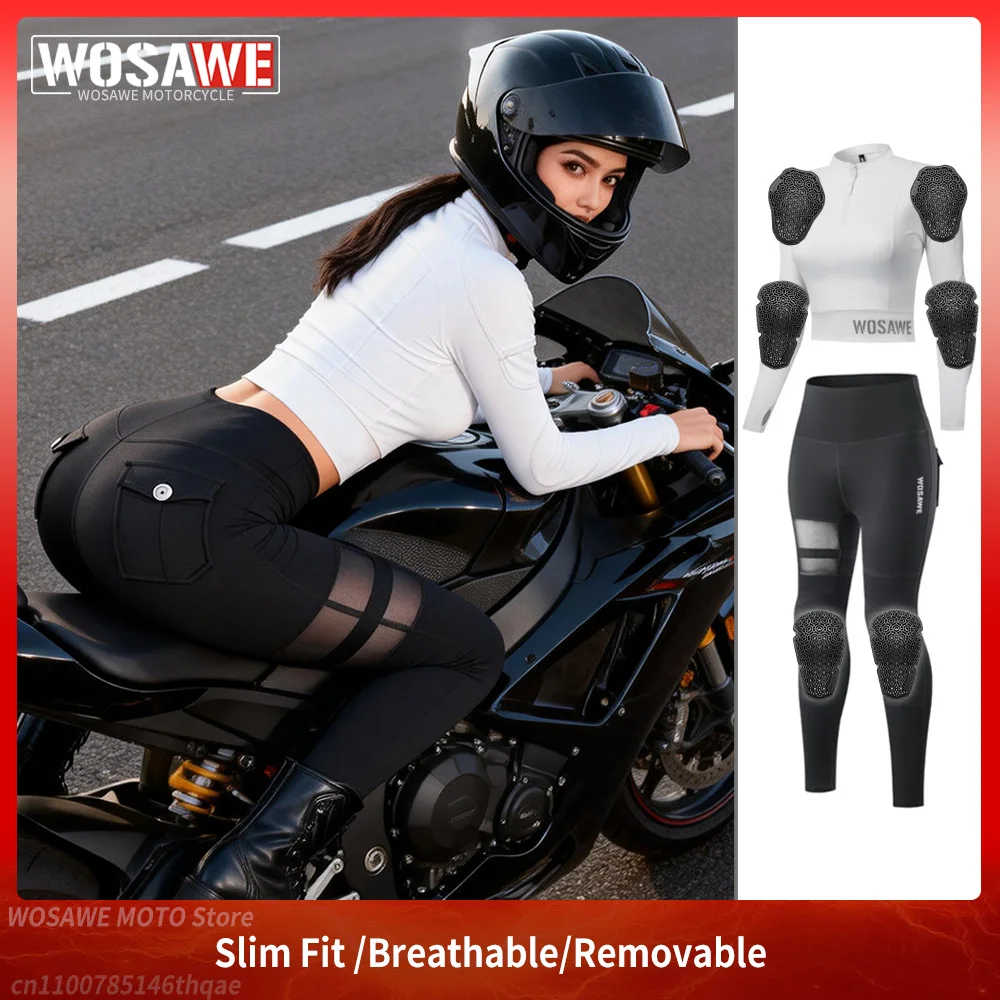 WOSAWE Women's Motorcycle Jacket Set with Soft Pads Summer Mesh Breathable Riding Clothing Casual Fitness Shirts Pants Suit