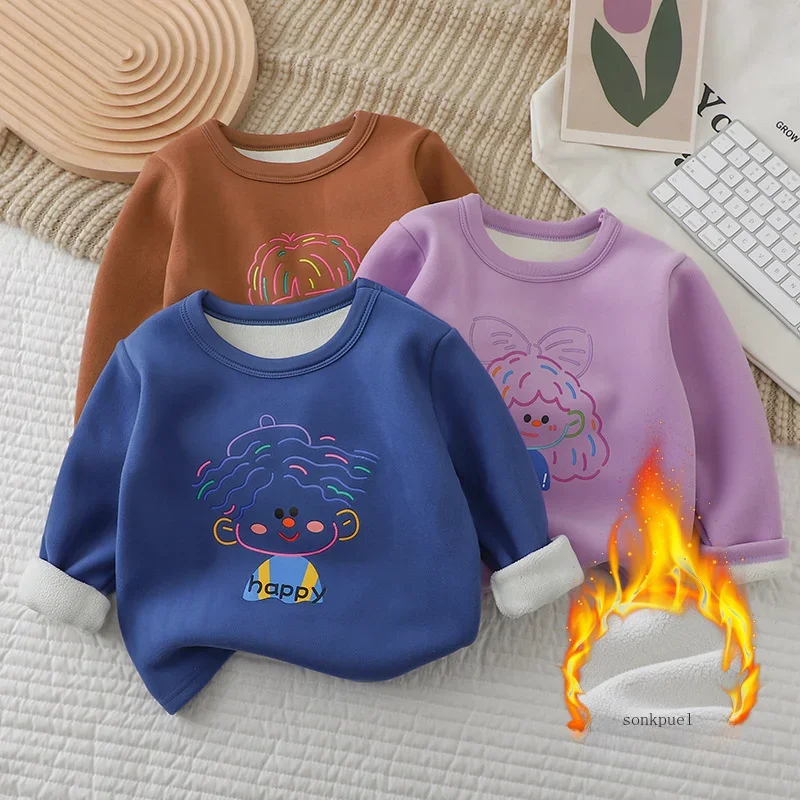 2024 Baby Sweatshirt for Girls Boy Autumn Winter Fleece Neck Base Shirt for Boys Casual Single Top Kids Long Sleeve T-shirt