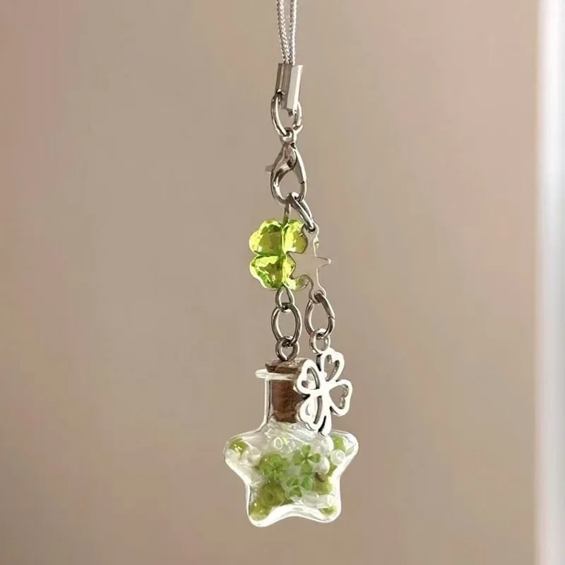 Dried Flower Wishing Bottle Pendant Mini Glass Vial Keychain Lucky Clover Star Jar Charm Bag Phone Hanging Ornament Jewelry Gift