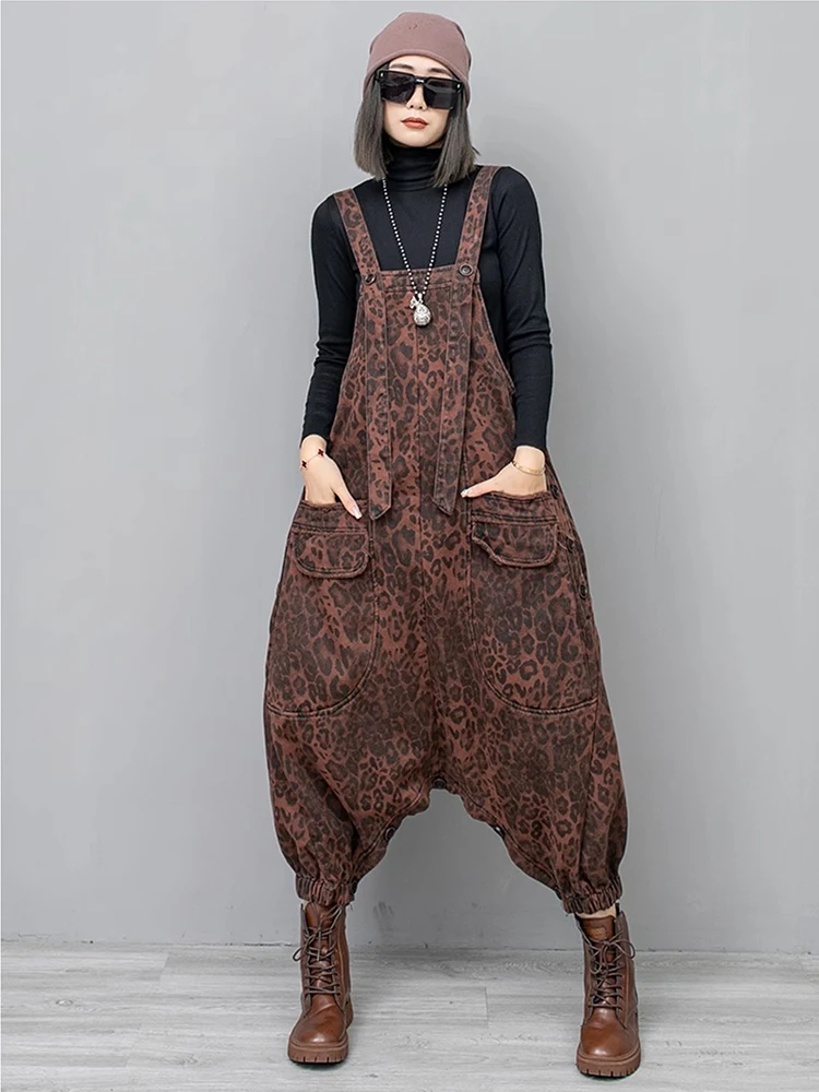 [EAM] High Waist Leopard Print Denim Pocket Big Size Overalls Wide Leg Jeans New Women Fashion Tide Spring Autumn 2024 1DH6428