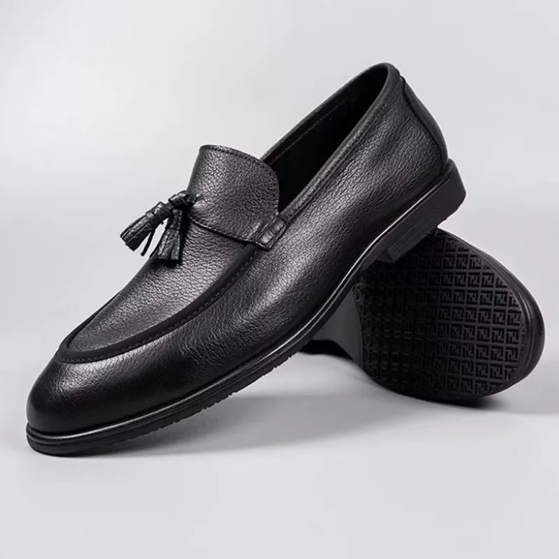 New Style Spring Summer Sheepskin Lining Cowhide Padded Fringed Casual Men's Shoes Genuine Leather Slip-on Loafers Driving Shoes