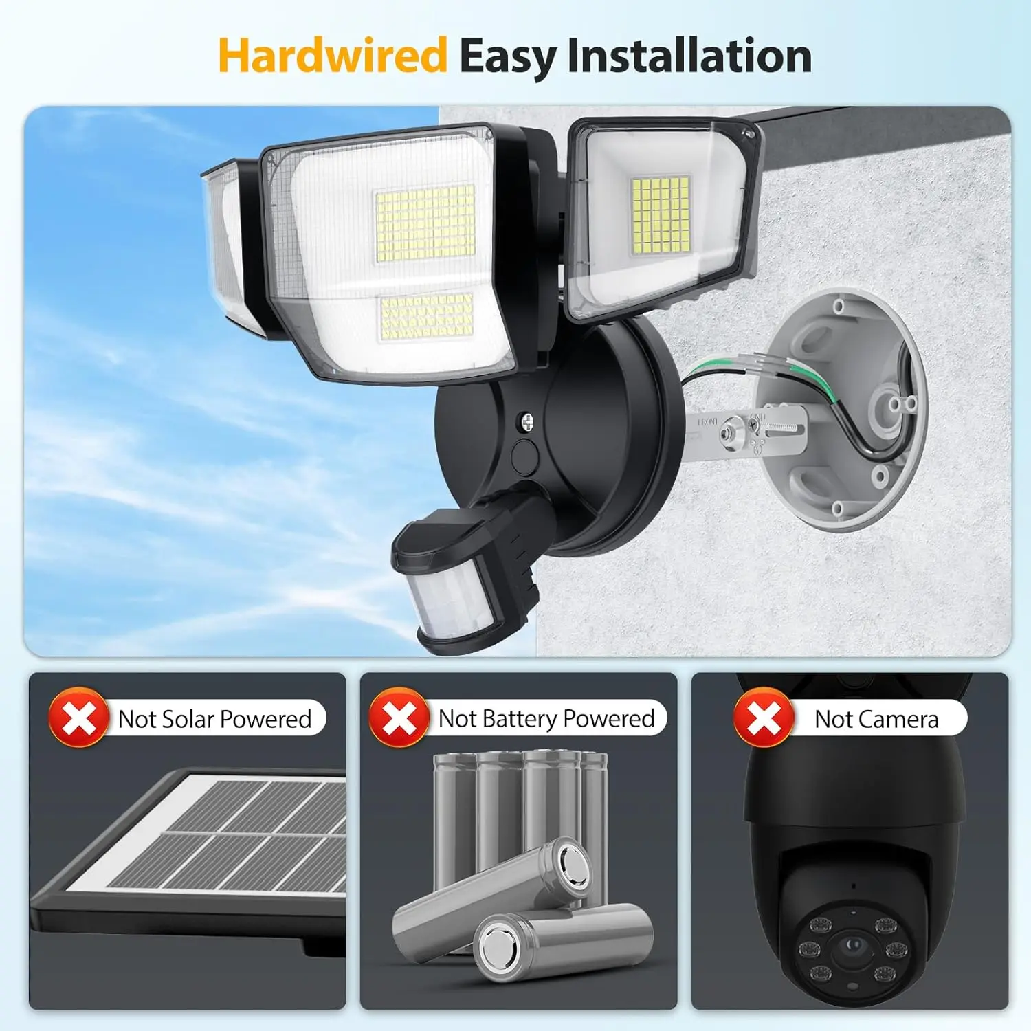 Luzes de inundação externas com sensor de movimento LED 90W 10000LM, iluminação de segurança de 4 cabeças do anoitecer ao amanhecer, IP66 à prova d'água preta