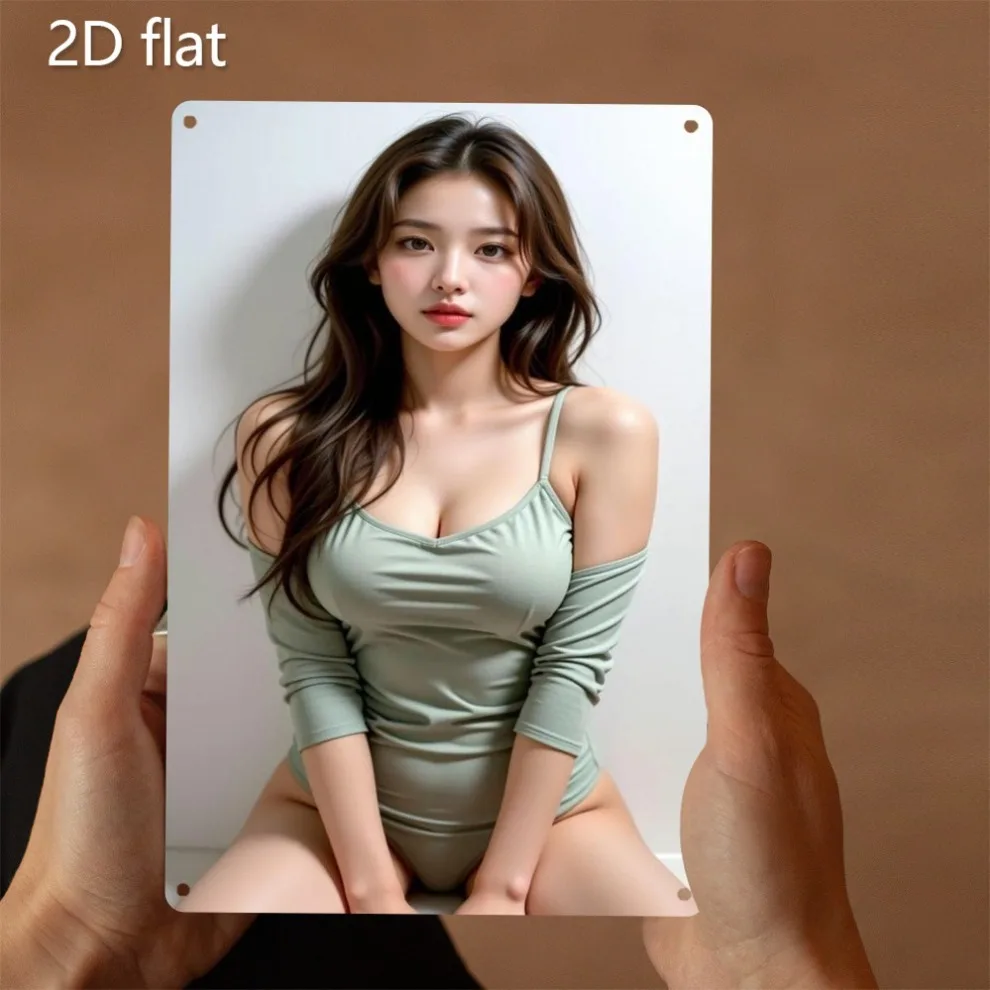 Elegant Asian Woman in Light Green Off-Shoulder Bodysuit 2D Flat HD Metal Picture Wall Art Decor for Bedroom Living Room Home De