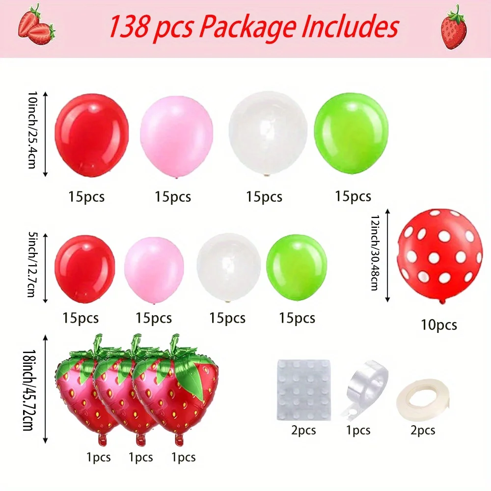 138PCS Strawberry Balloon Wreath Arch Set Red Pink Green Balloon Set Birthday Party Home Decoration Music Festival Decoration