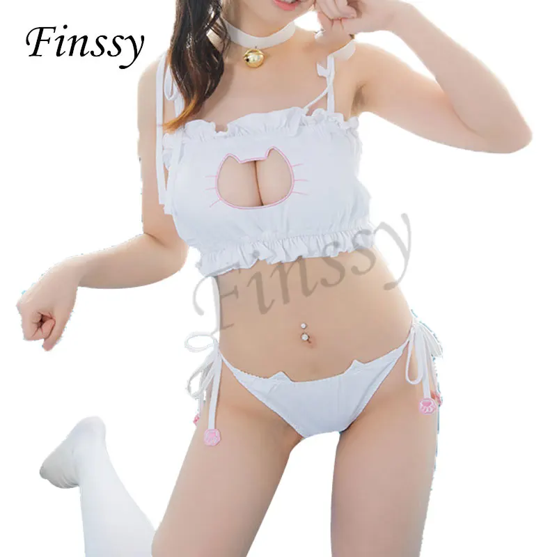 Sexy Cat Pierced Kawaii Women Underwears Lovely Cartoon Bra Cute Lolita Brief Set Sexy Lingerie+Bell Choker Cosplay White Black