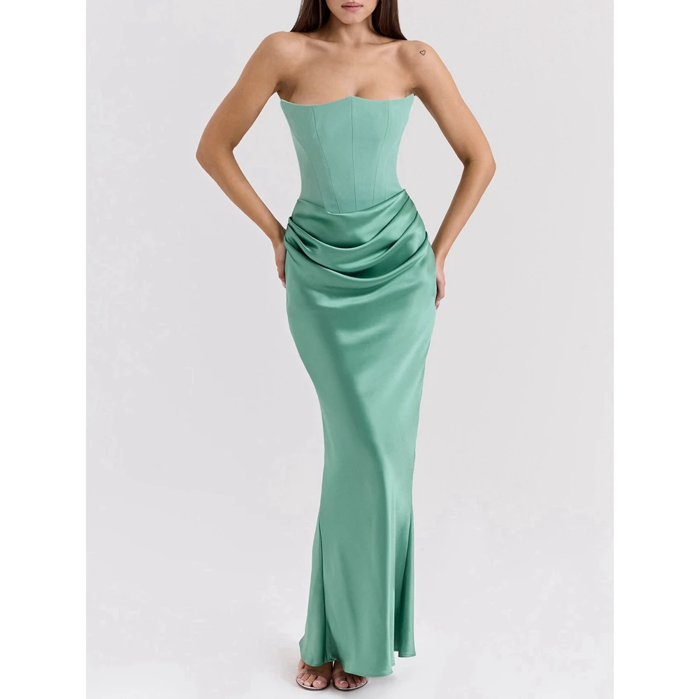 

Summer ‌Women Slim Fit Off-the-Shoulder Satin Ruched Corset Tube Dress with Fishbone Pleats Maxi Dress for Party and Evening