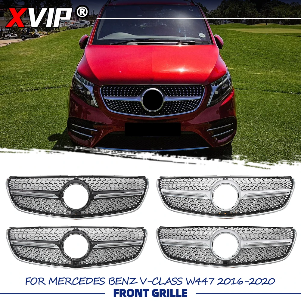 

Решетка радиатора XVIP Chrome Black Diamonds Style Racing, серебристая верхняя решетка для Mercedes-Benz V-Class W447 2016-2020 V200 V220 V250 V260