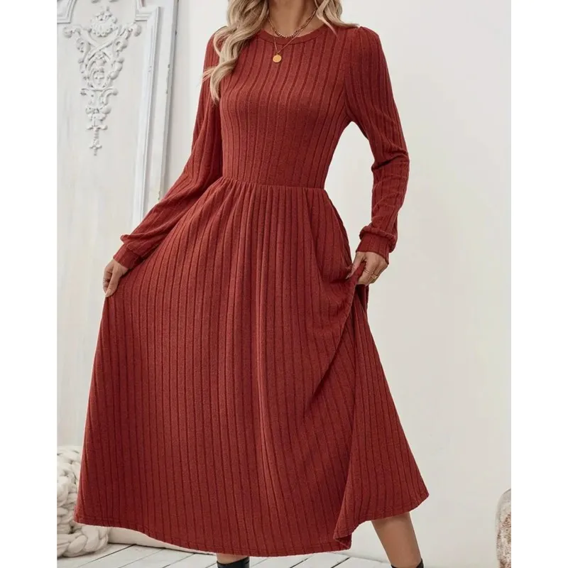 

Fashionable Long Sleeve A- Line Knitted Streetwear Dress For Women High Waist Big Swing Solid Color Long Dresses Robe Femme 2025