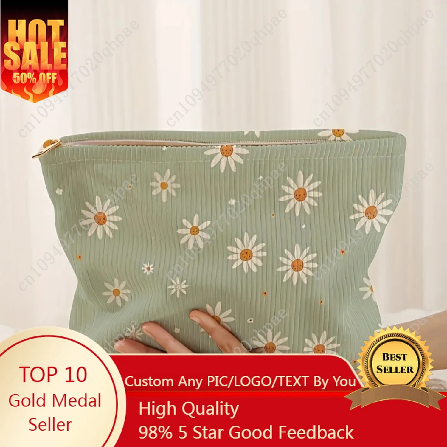 

Simple small chrysanthemum pattern printed corduroy zipper makeup bag, lightweight and multifunctional cosmetic storage bag