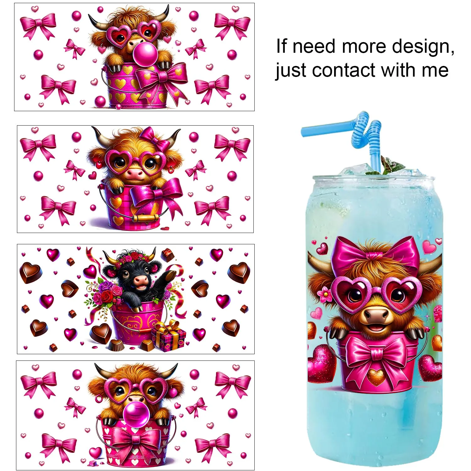 XOXO عيد الحب المرتفعات الماشية مقاوم للماء حفلة لتقوم بها بنفسك الشارات ثلاثية الأبعاد نقل uvdtf بهلوان ختم ملصقات 16 أوقية الأشعة فوق البنفسجية dtf كوب يلتف