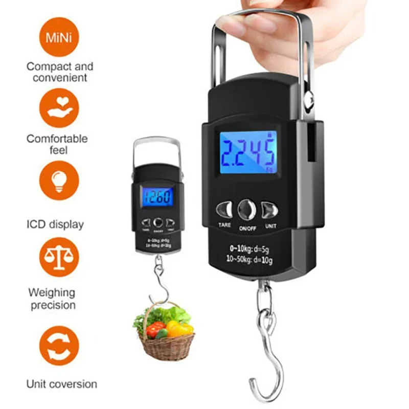 50kg X 10g Mini Digital Scale for Fishing Luggage Travel Weighting Steelyard Portable Electronic Hanging Hook Scale Hand Scales